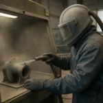 Pracovník v pieskovacej kabíne so zariadením na pieskovanie dielu.