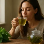 Žena vychutnáva žihľavový čaj s čerstvou žihľavou na stole.