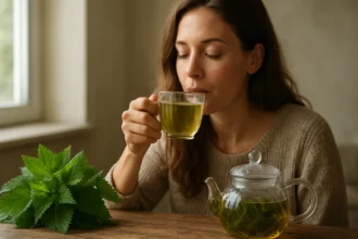 Žena vychutnáva žihľavový čaj s čerstvou žihľavou na stole.