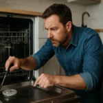 Muž kontroluje umývačku riadu pri jej oprave