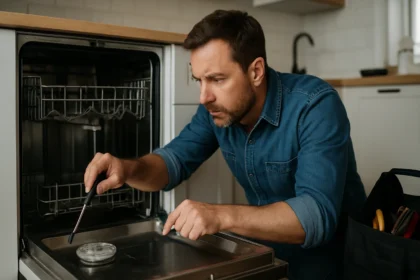 Muž kontroluje umývačku riadu pri jej oprave