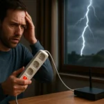 Muž s prepäťovou ochranou zachytáva blesk cez okno.