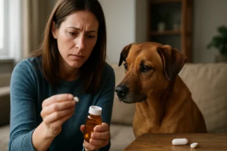 Žena so psom kontrolujúca antibiotiká pred podaním