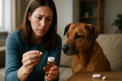 Žena so psom kontrolujúca antibiotiká pred podaním