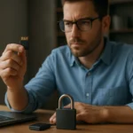 Muž s pamäťovou kartou a zámkom pri počítači