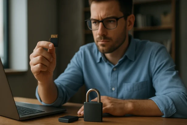 Muž s pamäťovou kartou a zámkom pri počítači
