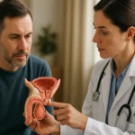 Lekárka vysvetľuje mužovi význam prostaty s modelom.