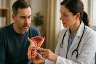 Lekárka vysvetľuje mužovi význam prostaty s modelom.