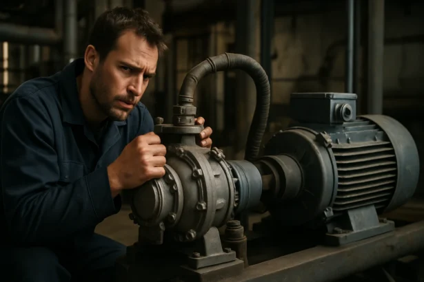 Inžinier pri kontrolovaní sekundárneho vzduchového čerpadla v priemyselnom systéme.