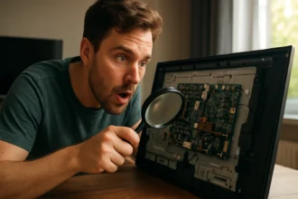 Muž s lupou skúma vnútornosti televízora.