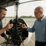 Muži skúmajú motor gyrokoptéra na letisku.