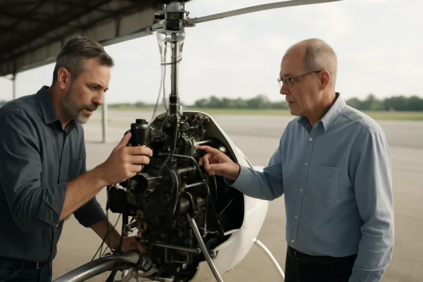 Muži skúmajú motor gyrokoptéra na letisku.