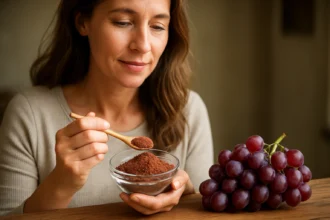 Žena s mletými hroznovými jadierkami a čerstvými hroznami na stole.