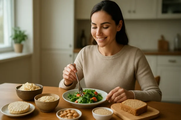 Žena si vychutnáva bezlepkový šalát pri jedle.