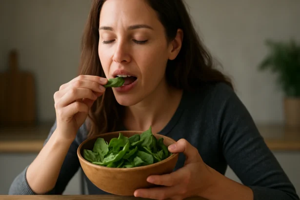 Žena si pochutnáva na čerstvom šťaveľi z misky.