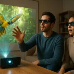 Dvojica ľudí sleduje 3D projekciu papagája s použitím 3D okuliarov