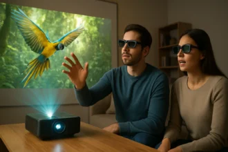 Dvojica ľudí sleduje 3D projekciu papagája s použitím 3D okuliarov