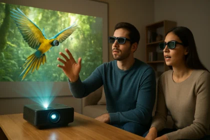 Dvojica ľudí sleduje 3D projekciu papagája s použitím 3D okuliarov