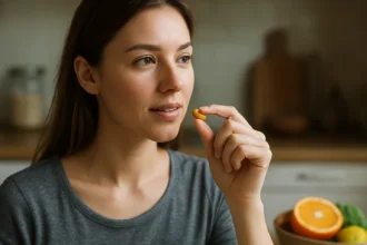 Žena s vitamínom B1 v ruke na pozadí ovocia a zeleniny