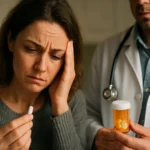 Žena znepokojená nad liekom v ruke a komunikujúca s lekárom.