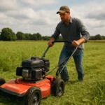 Muži kosačka rotačná na poli.