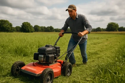 Muži kosačka rotačná na poli.