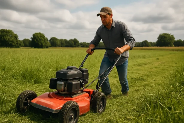 Muži kosačka rotačná na poli.