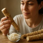 Žena drží chren a skúma ho pri miske s ryžou.