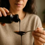 Žena nalievajúca melasu do lyžice pre zdravie