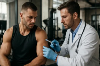 Lekár podáva injekciu testosterón-propionátu športovcovi