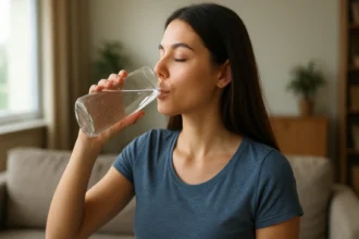 Žena pije poháre vody, podporujúca zdravie a pohodu.