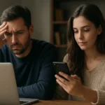 Pár využívajúci technológie, jeden z nich prežíva frustráciu z digitálneho sveta.