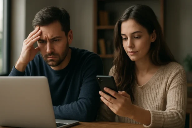 Pár využívajúci technológie, jeden z nich prežíva frustráciu z digitálneho sveta.