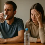 Muž pije vodu, žena sa zlou náladou kvôli nadmernej konzumácii vody.