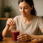 Žena pripravuje smoothie s mletými hroznovými semienkami.