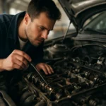 Mechanik kontroluje motor v automobile.