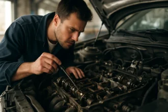 Mechanik kontroluje motor v automobile.