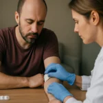 Zdravotná sestra ošetruje pacienta s poranením na ruke.