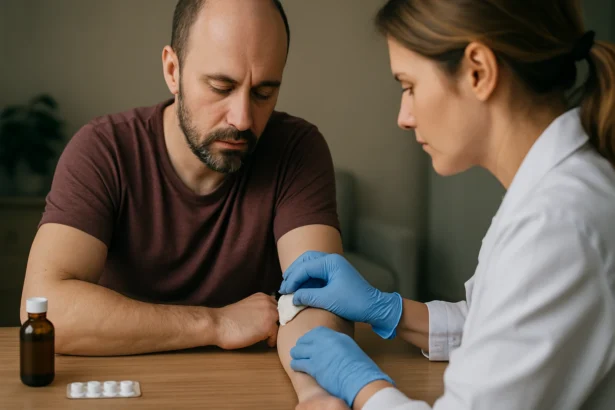 Zdravotná sestra ošetruje pacienta s poranením na ruke.