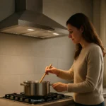 Žena varí v kuchyni pod dvojmotorovým digestorom.