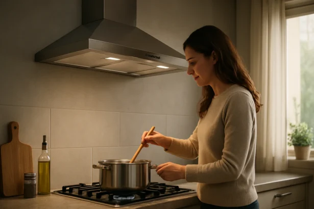 Žena varí v kuchyni pod dvojmotorovým digestorom.