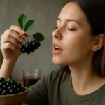 Žena si užíva aróniu, superpotravinu bohatú na antioxidanty.