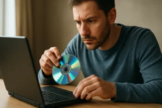 Muž čítajúci a zapisujúci na DVD disk pri notebooku.