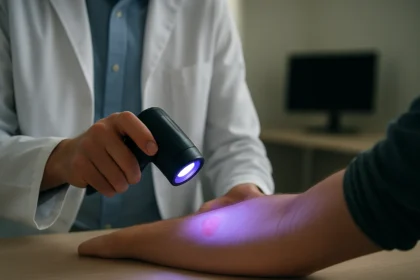 Lekár používa lampu na vyhľadávanie krvi na ruke pacienta.