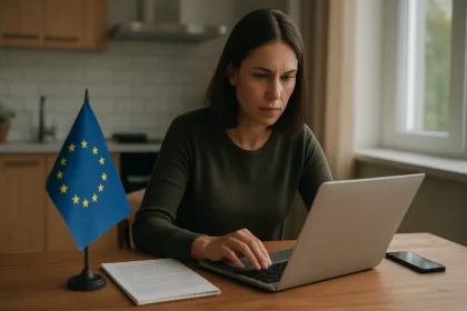 Žena pracujúca na laptopu s vlajkou Európskej únie na stole.