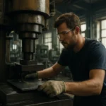 Muž pracujúci s lisovacím strojom v priemyselnej dielni.