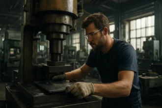 Muž pracujúci s lisovacím strojom v priemyselnej dielni.