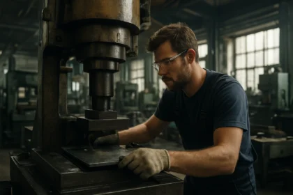 Muž pracujúci s lisovacím strojom v priemyselnej dielni.