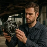 Mechanik kontroluje Haldex spojku v servise moderného auta.