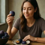 Žena s plodom slivky, ktorá sa usmieva, sedí pri stole.